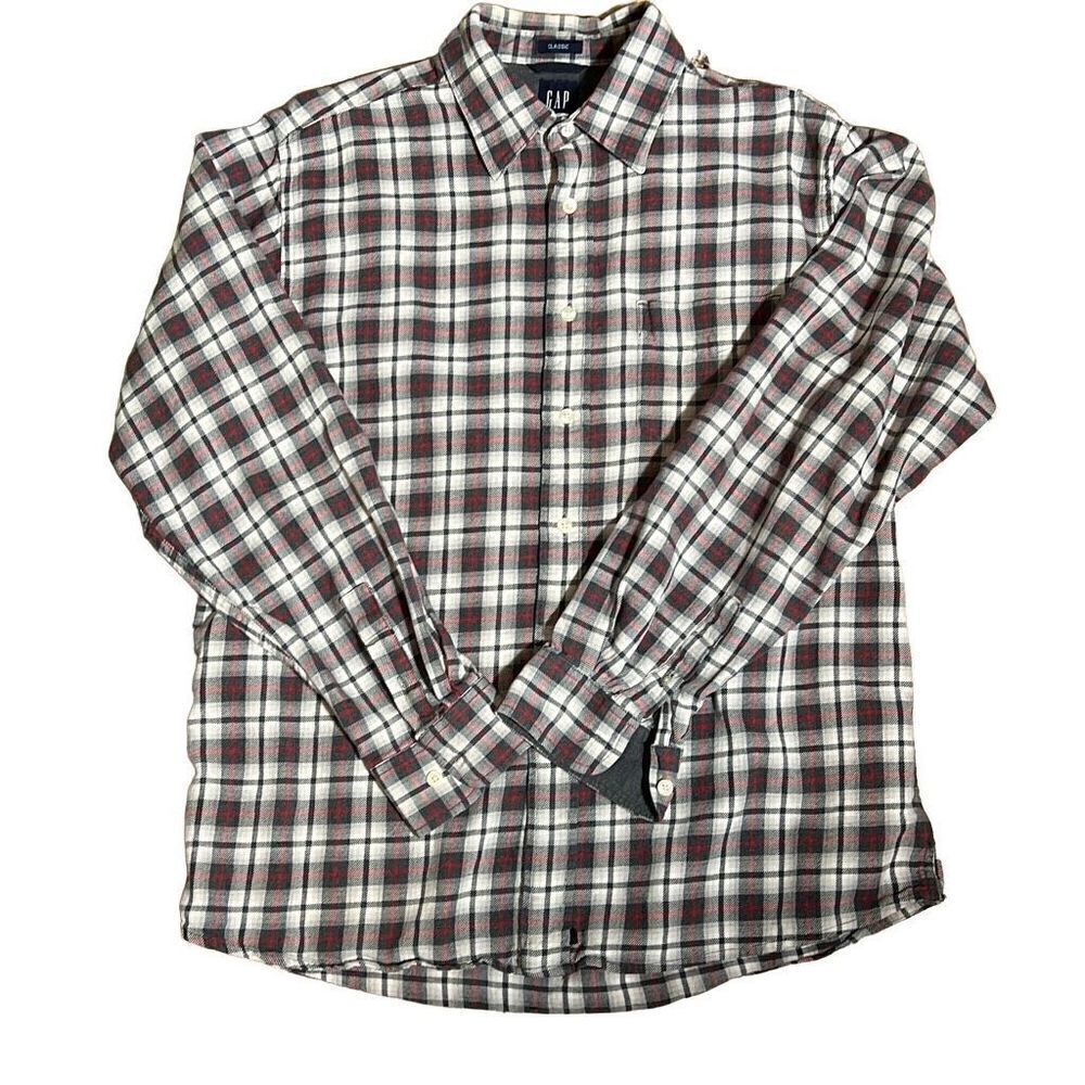 Gap Men's Flannel Checked Long Sleeve Shirt Plaid Button Down Gray Red Large